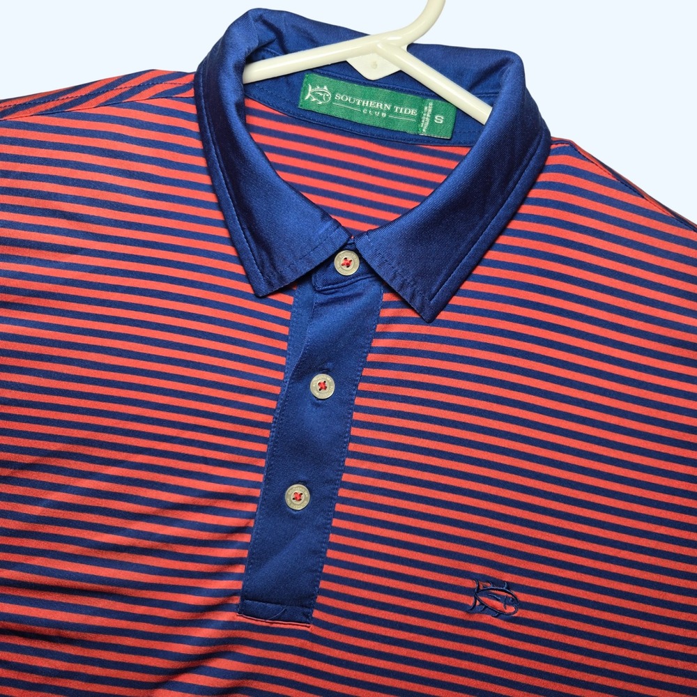 Southern Tide Club Polo Shirt Red Navy Golf Striped Performance Mens Small READ